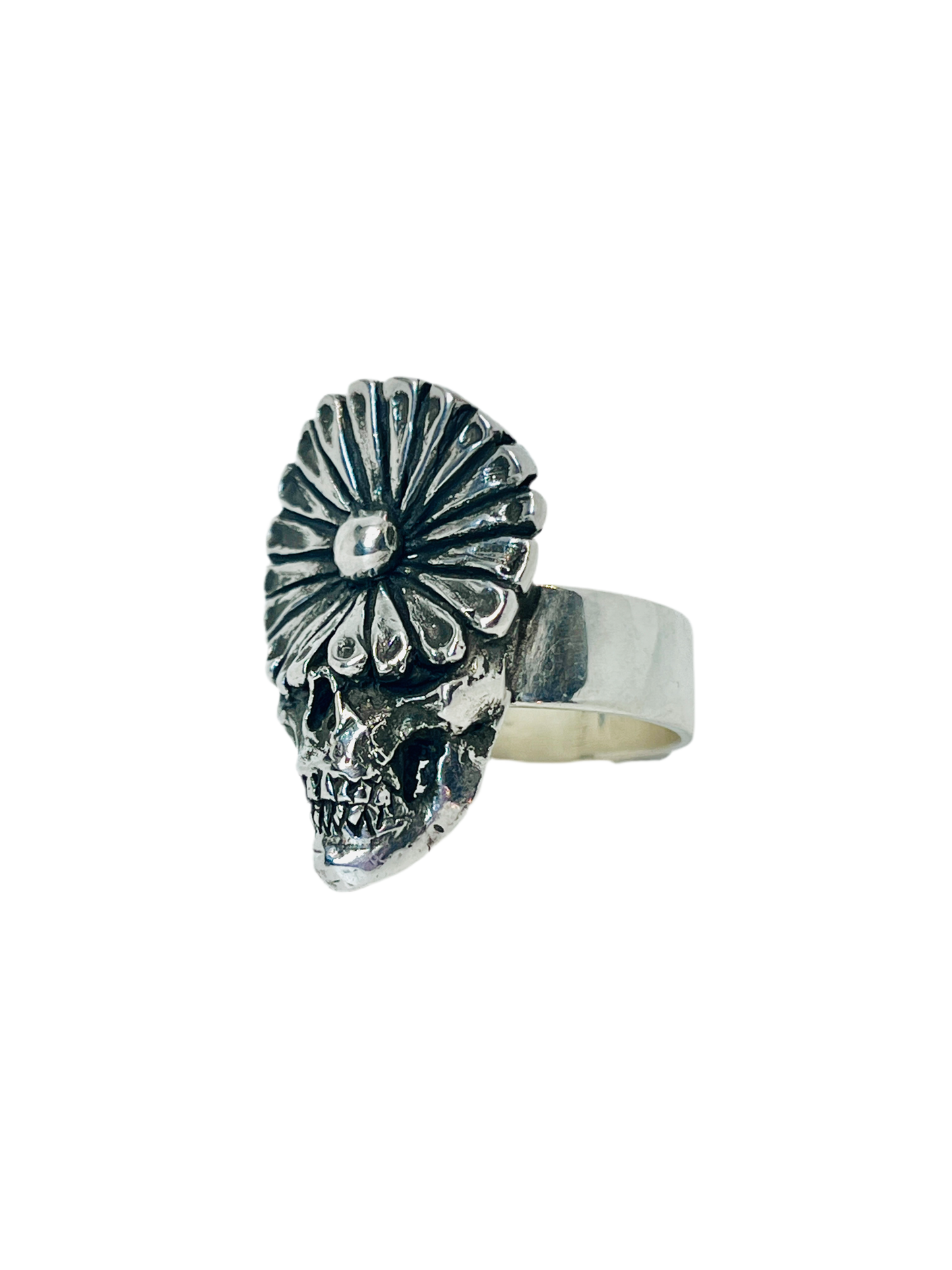 PUSHING UP DAISIES Sterling Silver Flower Skull Ring