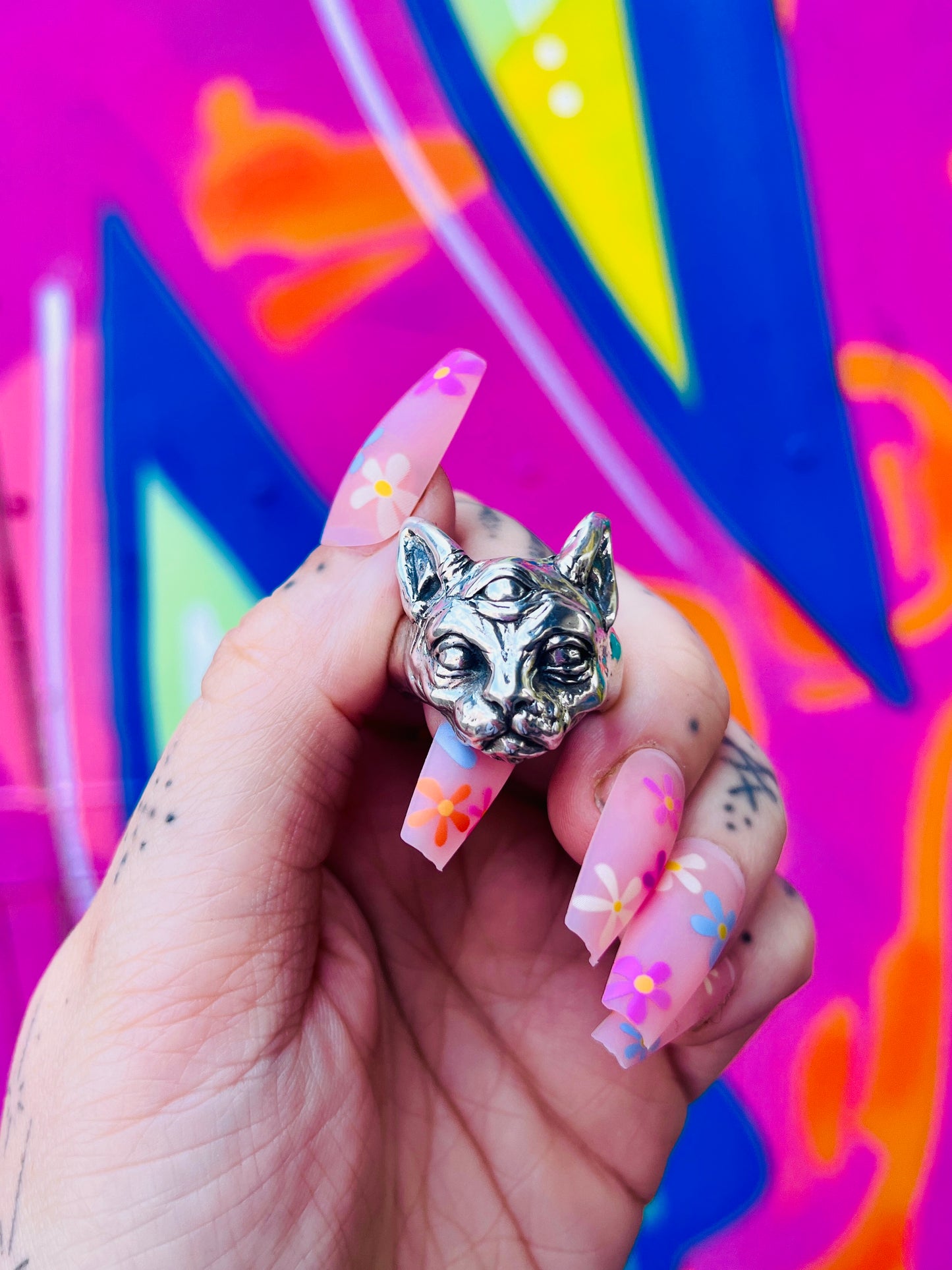 THE ORACLE Three Eyed Cat Sterling Silver Ring