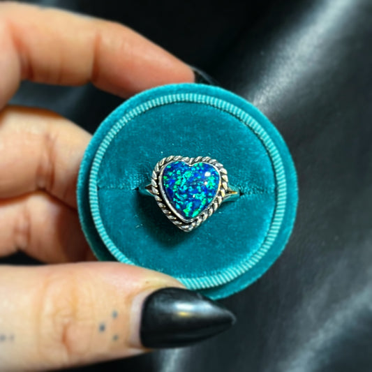 Blue Opal Twist Heart Sterling Silver Ring