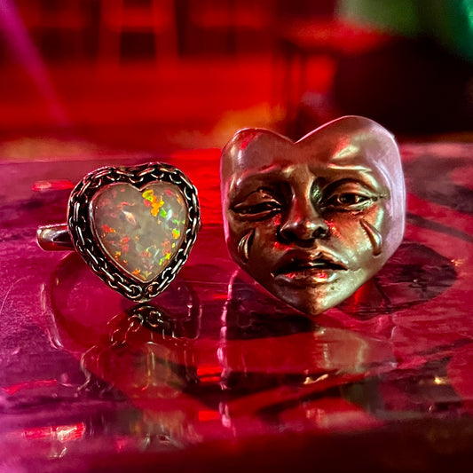 White Opal Biker Chain Heart Sterling Silver Ring