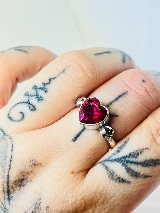 MANON Sterling Silver Ruby Heart and Skull Ring