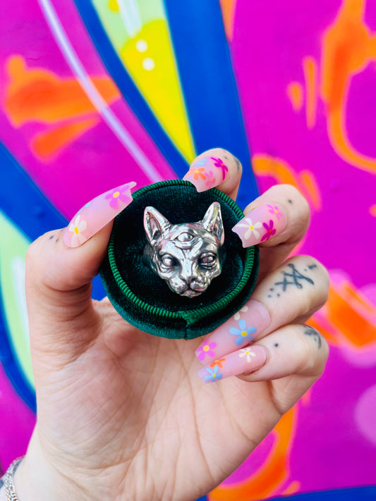 THE ORACLE Three Eyed Cat Sterling Silver Ring