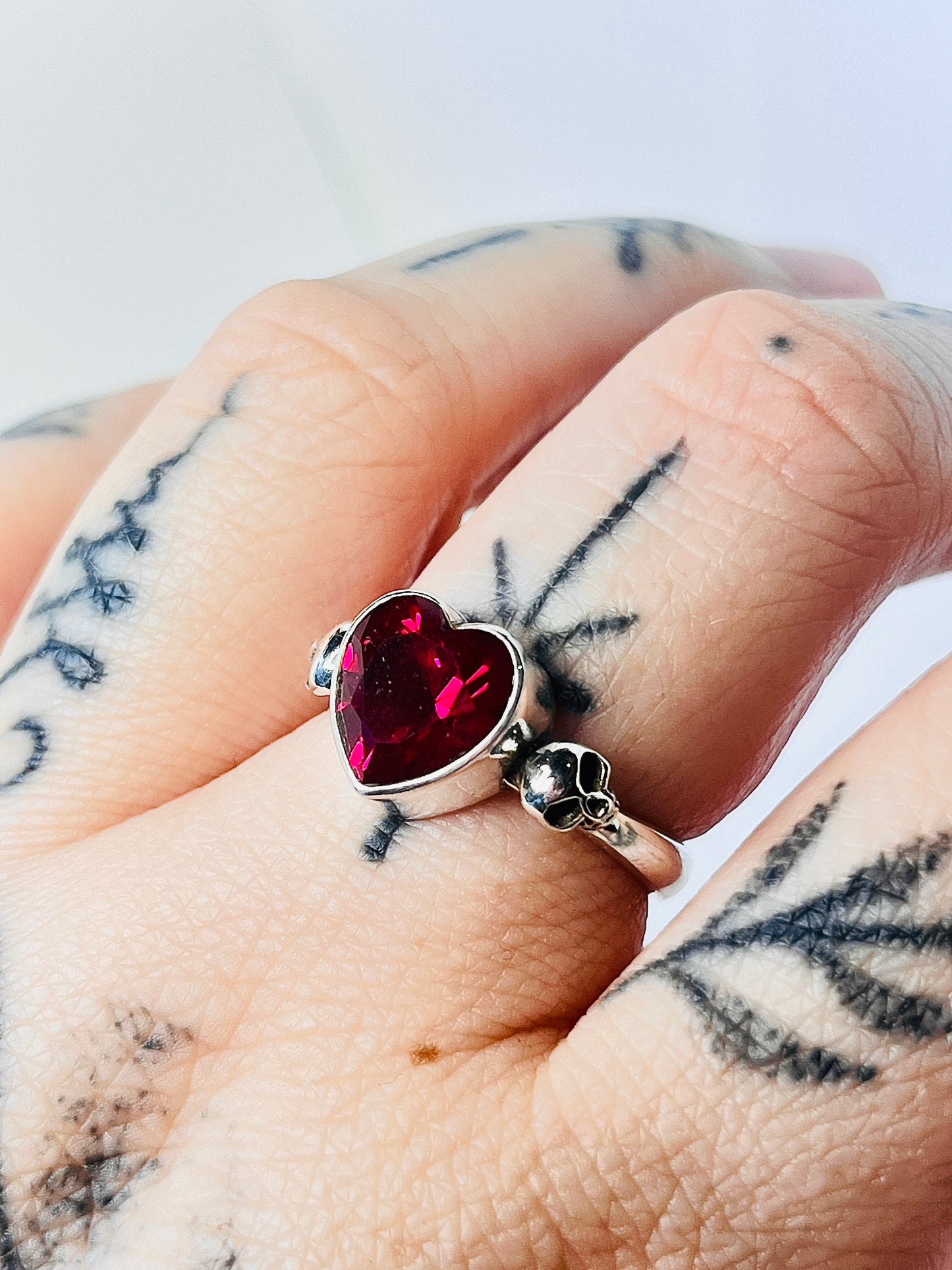 MANON Sterling Silver Ruby Heart and Skull Ring